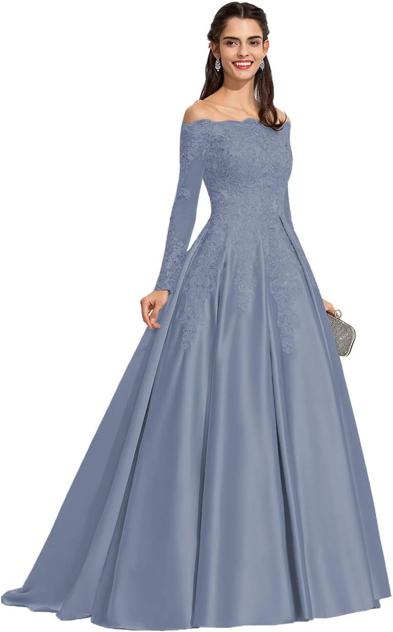 Vestidos de fiesta formales de satén con apliques de encaje y hombros descubiertos para mujer, con mangas largas