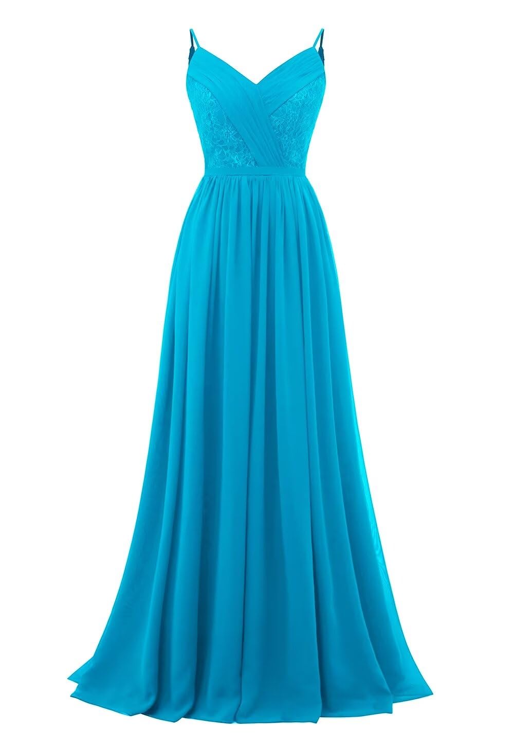 Women's Lace Chiffon Bridesmaid Dresses for Wedding Long Spaghetti Straps Bodice Formal Party Gown with Pockets
