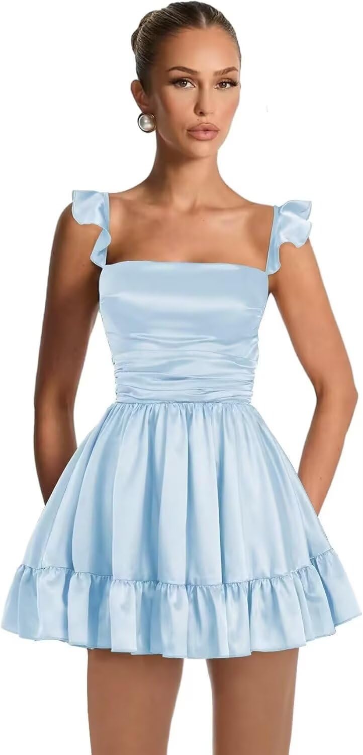 Satin Homecoming Dresses for Teens 2027 A-line Ruched Square Neck Short Prom Formal Cocktail Gowns with Pockets