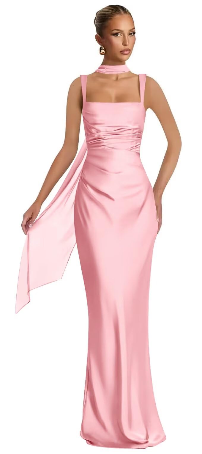 Mermaid Bridesmaid Dresses with Scarf 2027 Long Satin Spaghetti Straps Ruched Formal Evening Party Dress for Women
