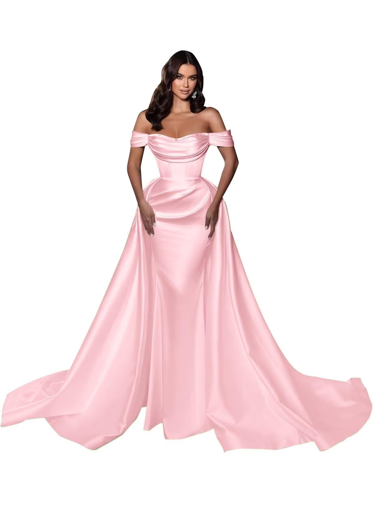 Mermaid Satin Prom Dresses for Women 2027 Long Off Shoulder Ruched Corset Formal Evening Dress Detachable Train
