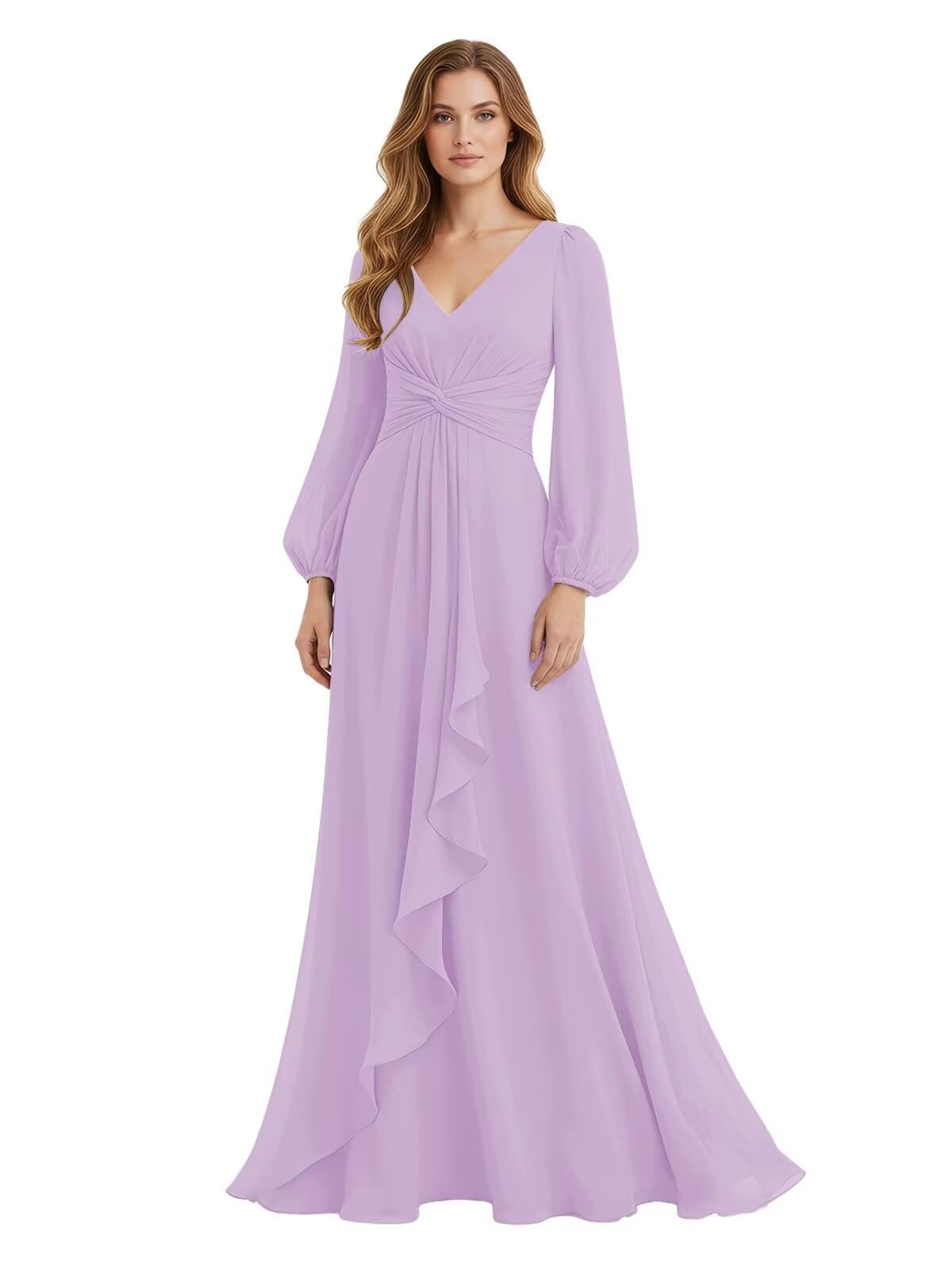 Women's Chiffon Bridesmaid Dresses Long Sleeve Ruffles V-Neck Pleated Formal Wedding Guest Dresses Mother of the bride Dress