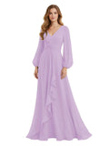Women's Chiffon Bridesmaid Dresses Long Sleeve Ruffles V-Neck Pleated Formal Wedding Guest Dresses Mother of the bride Dress
