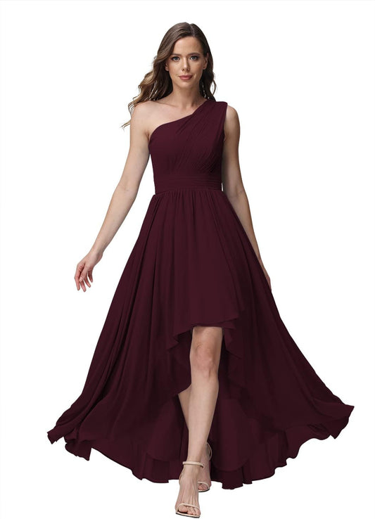 Vestido de dama de honor de un solo hombro para mujer, vestido formal de noche de gasa con bolsillos y corte alto bajo