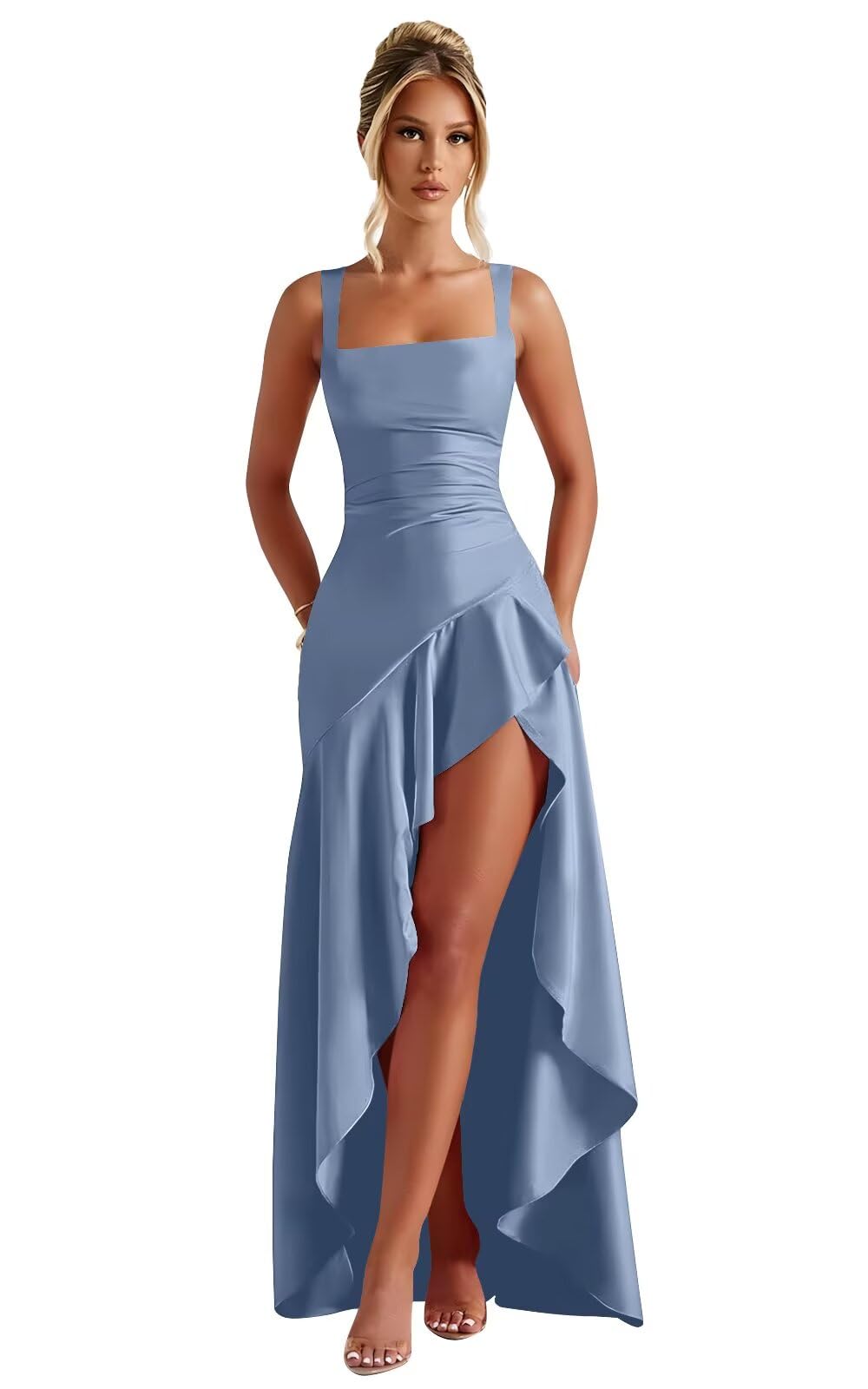 Mermaid Satin Bridesmaid Dresses for Women 2027 Long Ruffles High Low Prom Formal Evening Party Dress with Slit