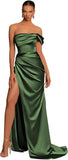 One Shoulder Mermaid Bridesmaid Dresses with Slit 2025 Pleats Satin Formal Evening Gowns for Women
