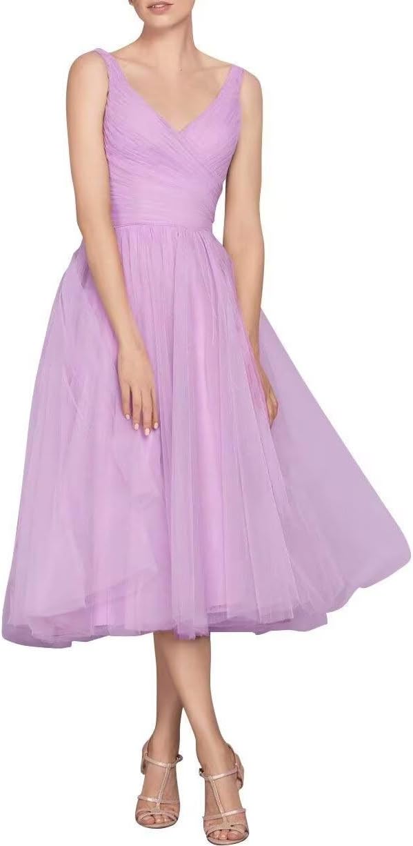 Tea Length A-Line V Neck Formal Evening Party Gowns for Women Sleeveless Puffy Midi Tulle Cocktail Prom Dress