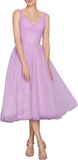 Tea Length A-Line V Neck Formal Evening Party Gowns for Women Sleeveless Puffy Midi Tulle Cocktail Prom Dress