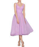 Tea Length A-Line V Neck Formal Evening Party Gowns for Women Sleeveless Puffy Midi Tulle Cocktail Prom Dress