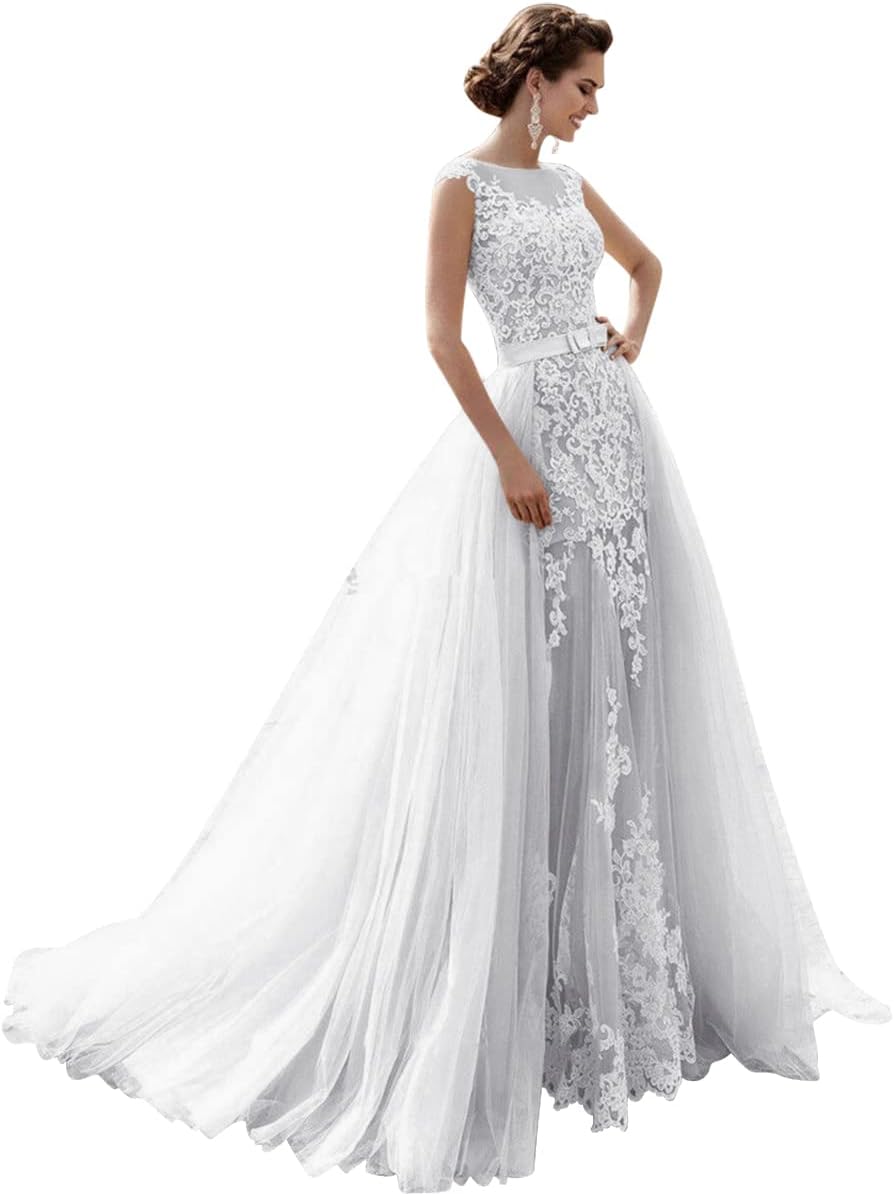 Mermaid Lace Cap Wedding Dress with Detachable Tulle Train for Bride Evening Prom Gown