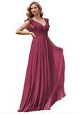 Women's V Neck Ruffle Chiffon Bridesmaid Dresses Long with Pockets Ruched Formal Dresses