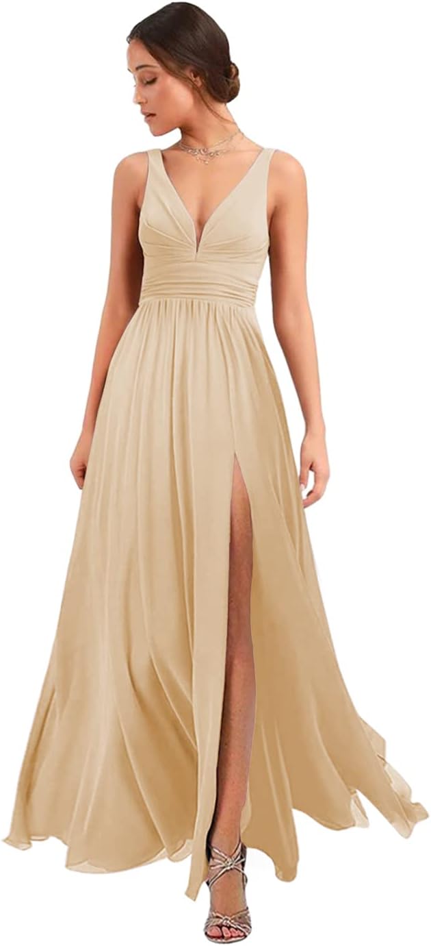 Women's Deep V Neck Bridesmaid Dresses with Slit Chiffon Pleats A Line Formal Party Dresses with Pockets