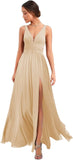 Women's Deep V Neck Bridesmaid Dresses with Slit Chiffon Pleats A Line Formal Party Dresses with Pockets