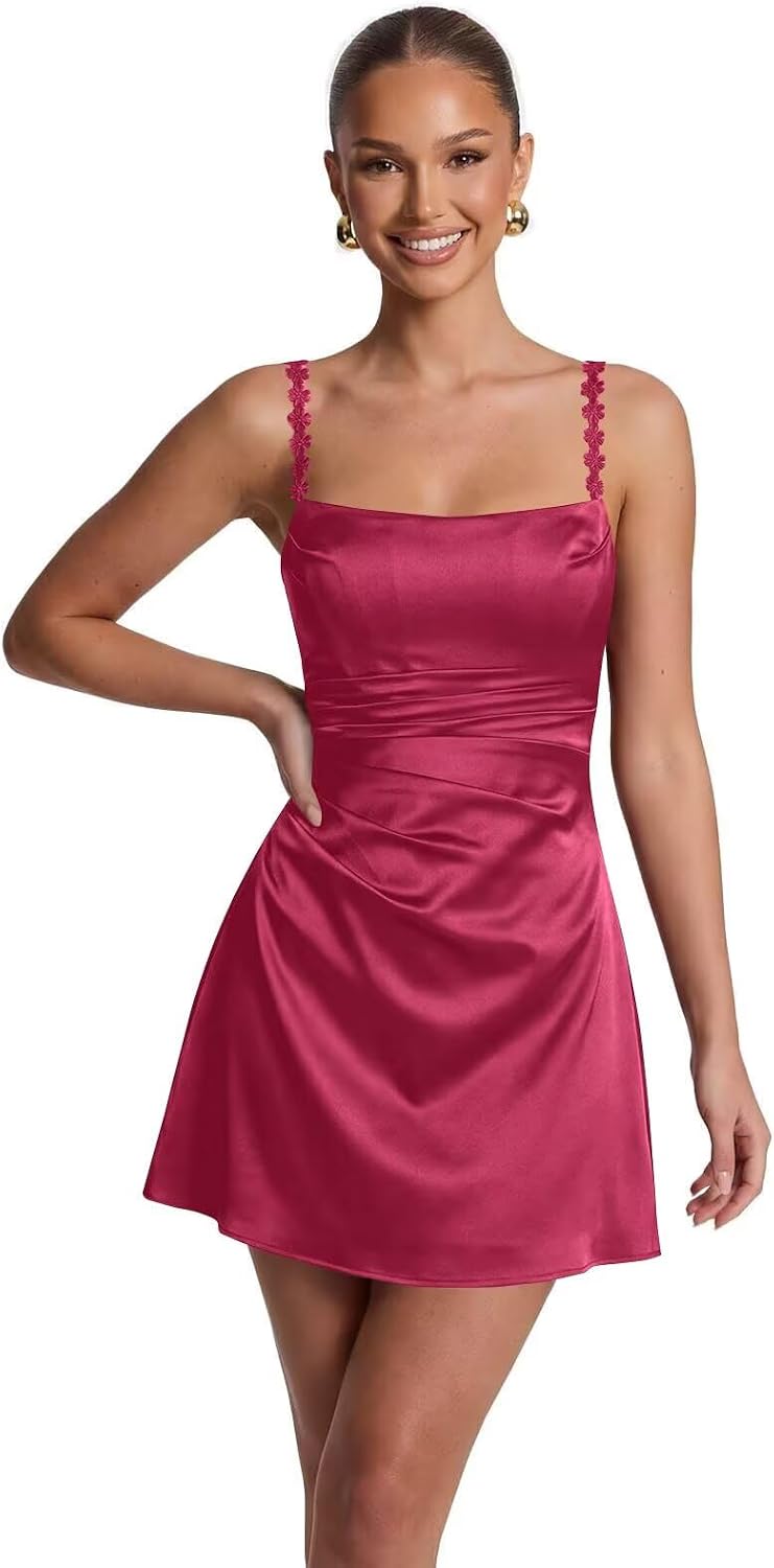 Satin Homecoming Dresses for Teens 2026 Spaghetti Straps Short Prom Dress A-line Pleated Cocktail Party Gowns