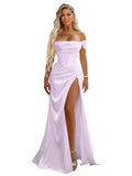 Off Shoulder Mermaid Prom Dresses with Slit 2027 Long Satin Pleated Formal Dress for Women Evening Party