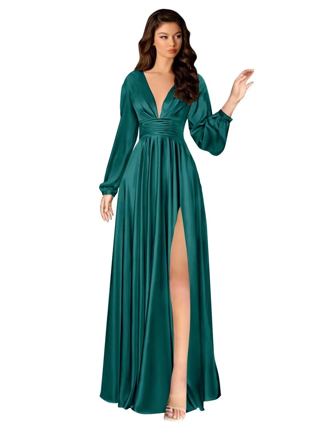 Kingbridal Gowns Long Sleeve Satin Bridesmaid Dresses for Women Long A-Line V-Neck Pleated Formal Evening Party Ball Gown with Slit