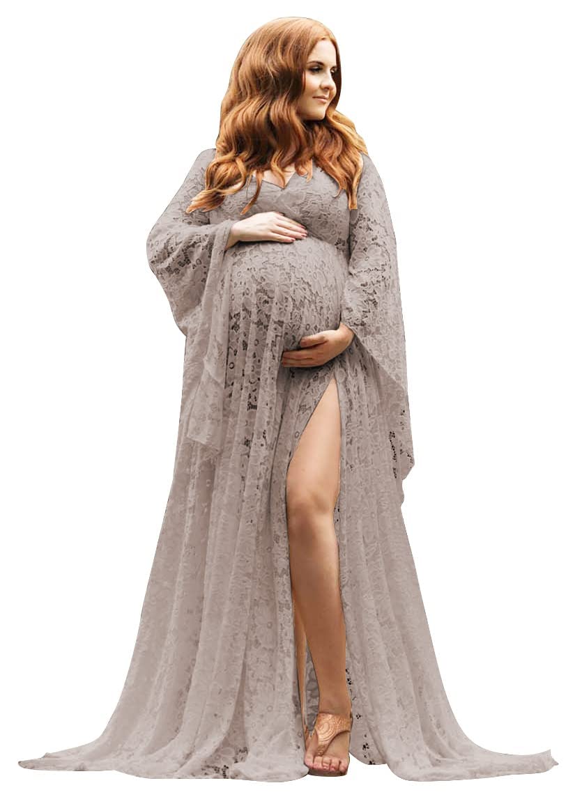 Women's Lace Maternity Dress for Photoshoot Long Puffy Sleeves V Neck Boho Pregnancy Gown for Baby Shower with Slit