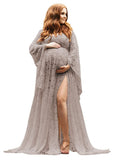 Women's Lace Maternity Dress for Photoshoot Long Puffy Sleeves V Neck Boho Pregnancy Gown for Baby Shower with Slit