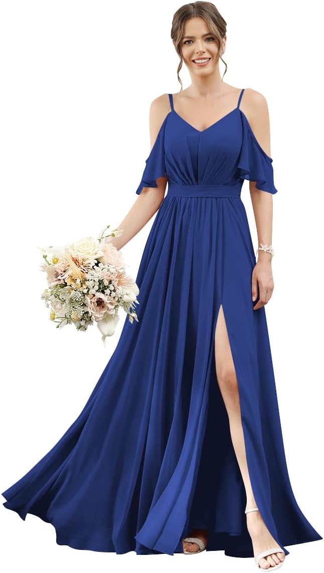 Women's Cold Shoulder Ruffle Sleeves Bridesmaid Dresses for Women 2025 Pleated Chiffon Formal Dresses with Slit