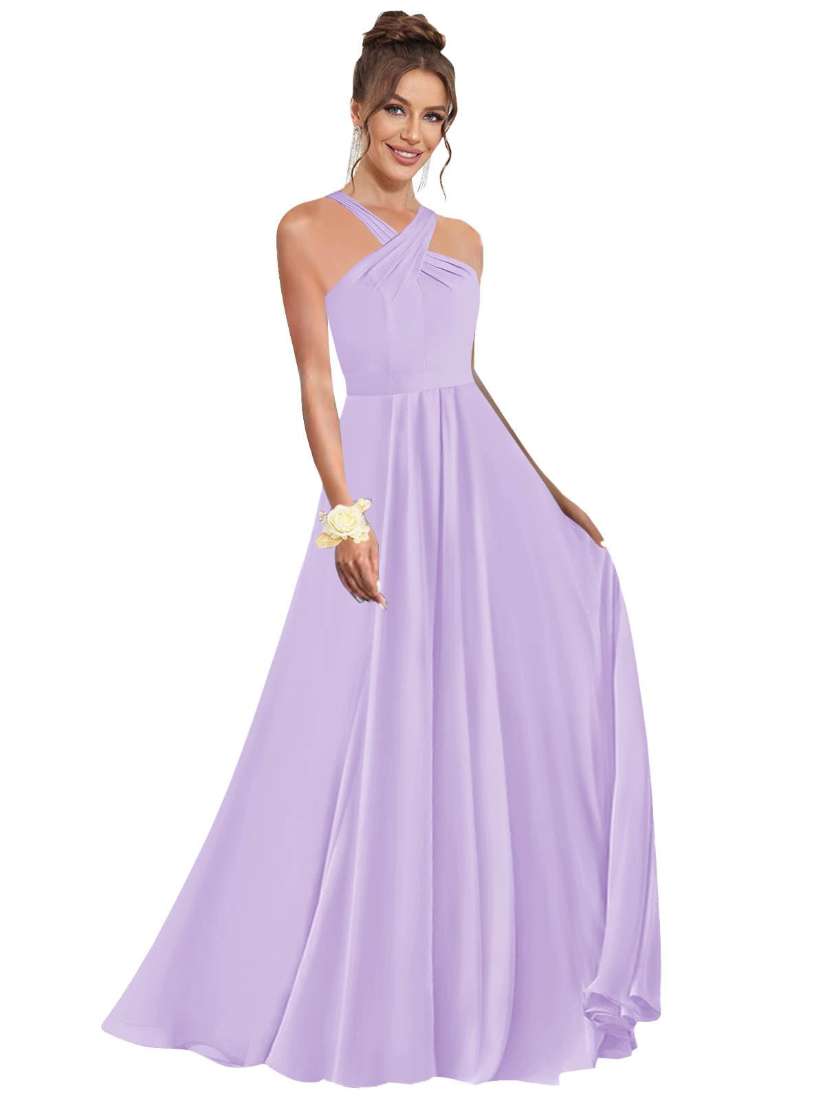 Halter Bridesmaid Dresses for Wedding Chiffon A Line Pleated Long Formal Prom Dress with Belt