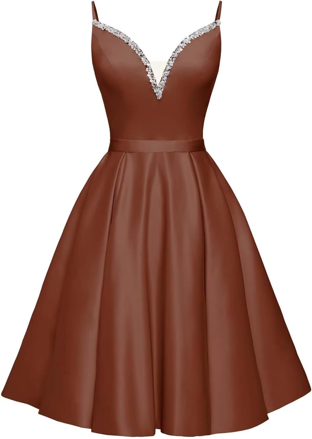 Spaghetti Straps Satin Homecoming Dresses for Teens V-Neck Short Prom Dress A-Line Beaded Cocktail Party Gowns