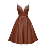 Spaghetti Straps Satin Homecoming Dresses for Teens V-Neck Short Prom Dress A-Line Beaded Cocktail Party Gowns