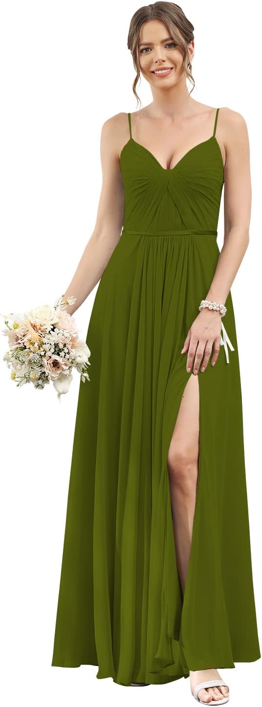 Vestidos de dama de honor largos con tirantes finos y bolsillos, plisados, formales, de noche, con abertura 