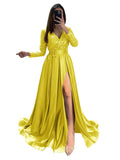 Long Sleeve Sequin Prom Dresses for Women 2027 Satin Formal Dress Sparkly Slit Evening Party Gown with Pocket