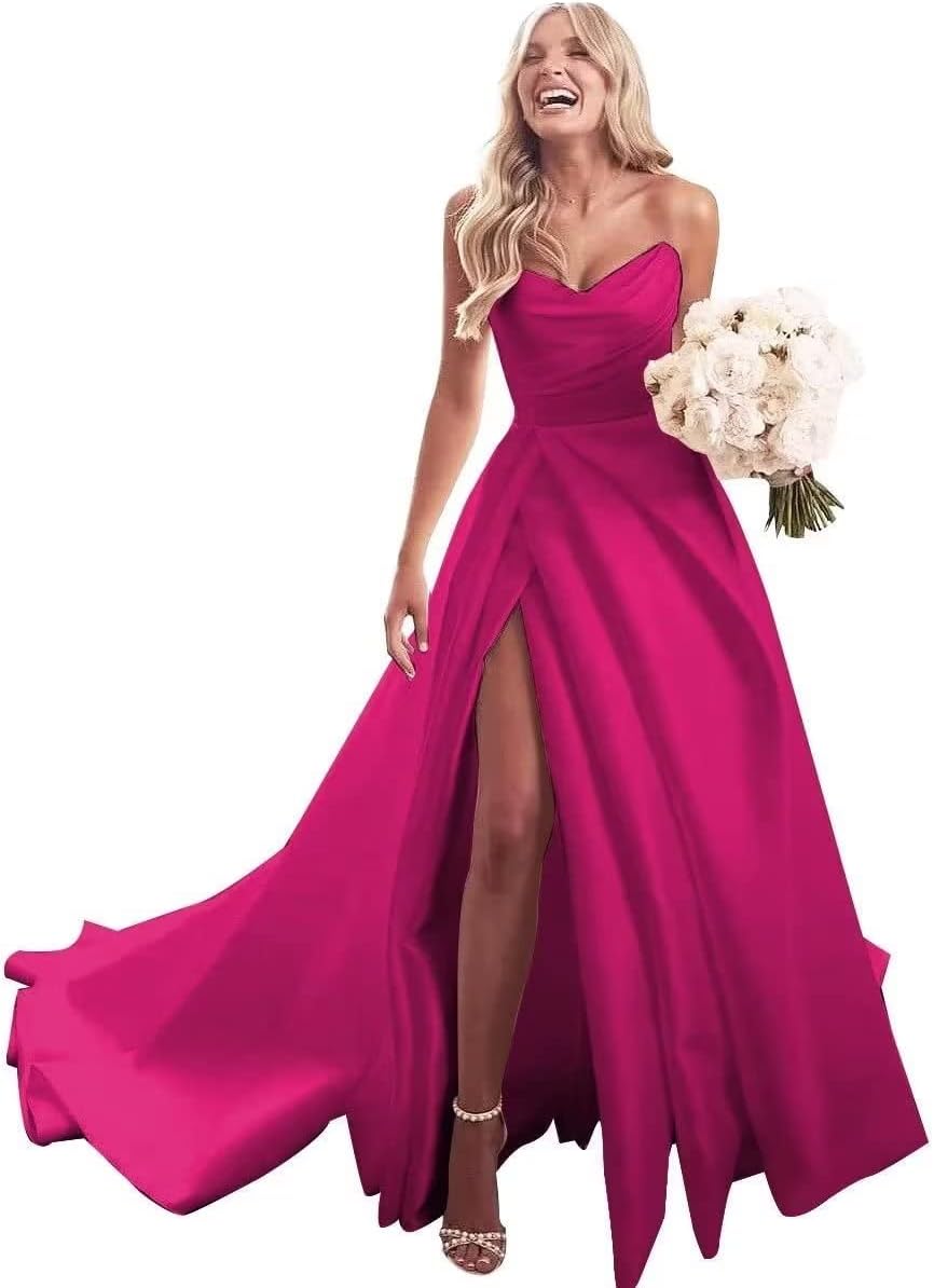Trägerloses Ballkleid, langes Ballkleid, Satin-Brautkleid für die Braut, A-Linie, formelle Abendkleider mit Schlitz 