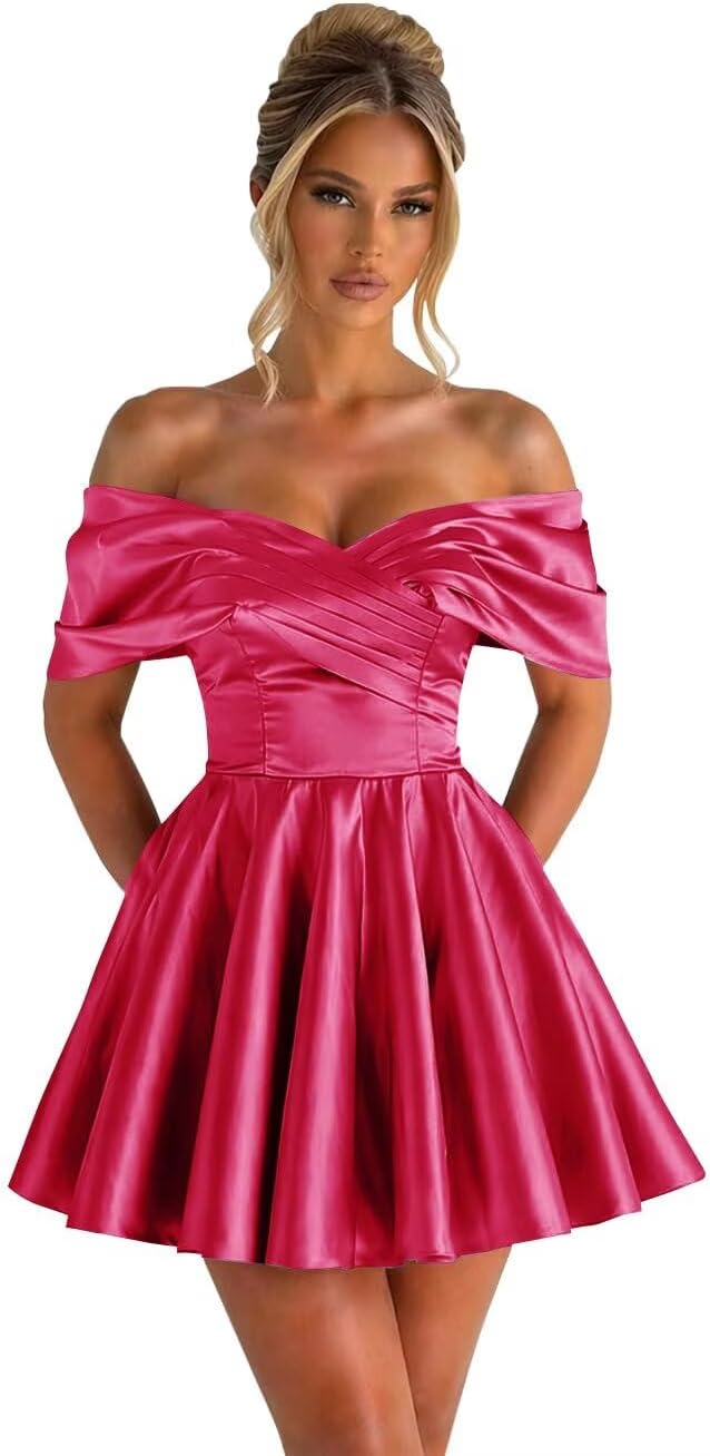 Off Shoulder Satin Homecoming Dresses for Teens 2026 Short Prom Dress A-line Pleated Cocktail Party Gowns