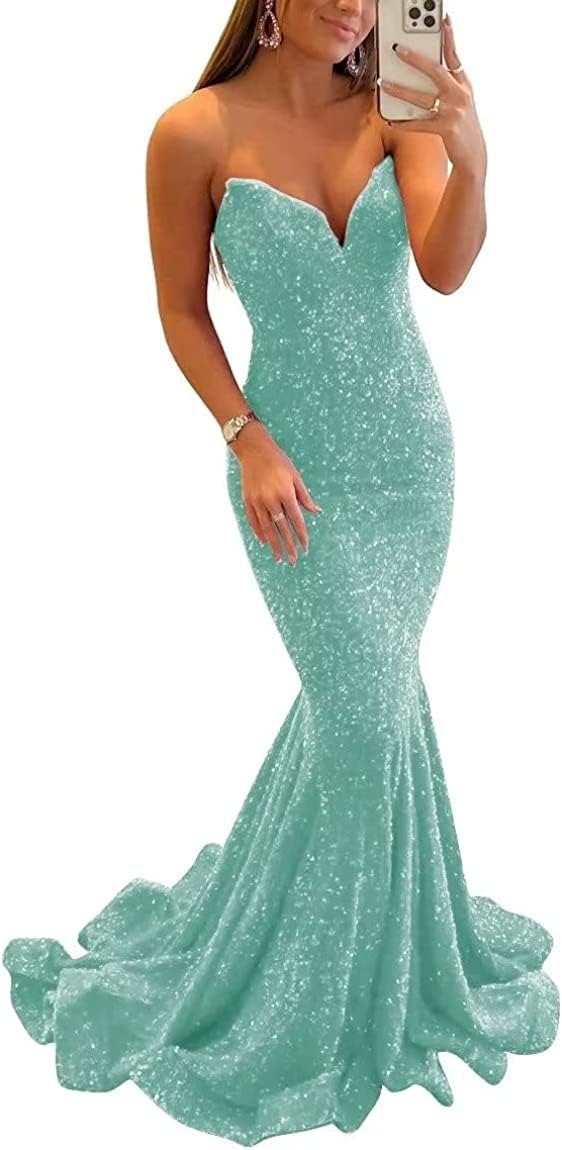 Women's Strapless Sequin Prom Dresses with Train Criss-Cross Mermaid Long Formal Evening Gowns