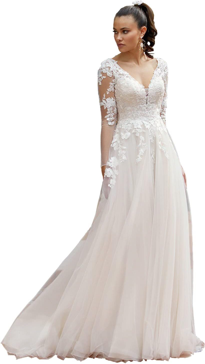 Women's Elegant Lace Beach Wedding Dresses for Bride 2025 with Sleeves Wedding Bridal Gowns