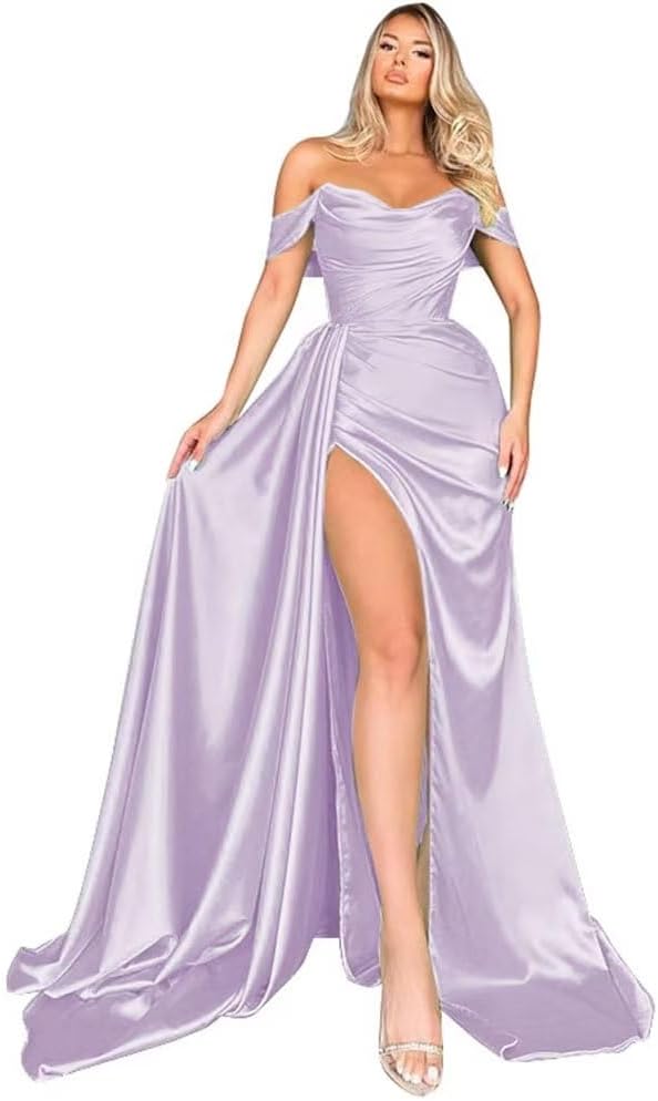 Off Shoulder Satin Bridesmaid Dresses Long Formal Gown for Wedding Ruched Prom Dress with Slit