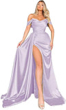Off Shoulder Satin Bridesmaid Dresses Long Formal Gown for Wedding Ruched Prom Dress with Slit