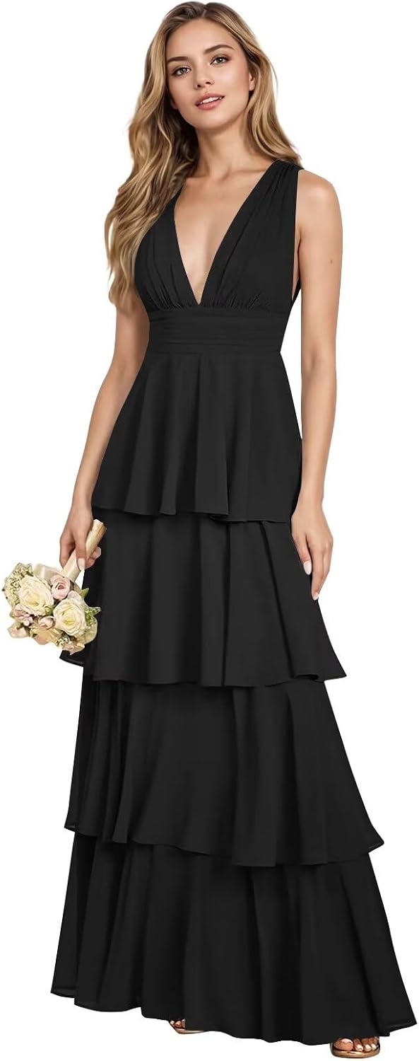 V Neck Chiffon Bridesmaid Dresses for Women 2027 Long Tiered A-Line Ruffles Formal Evening Party Dress