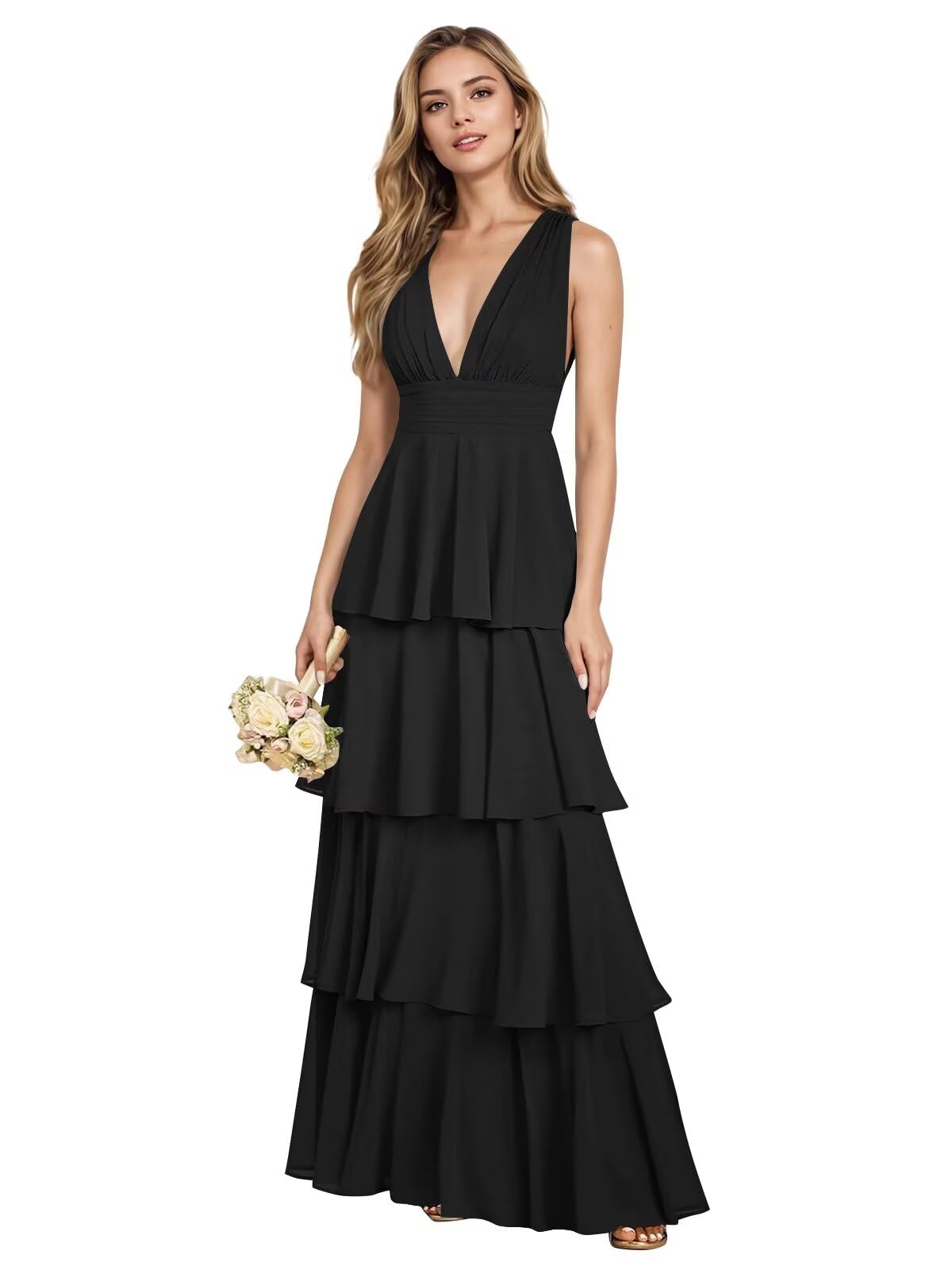 V Neck Chiffon Bridesmaid Dresses for Women 2027 Long Tiered A-Line Ruffles Formal Evening Party Dress