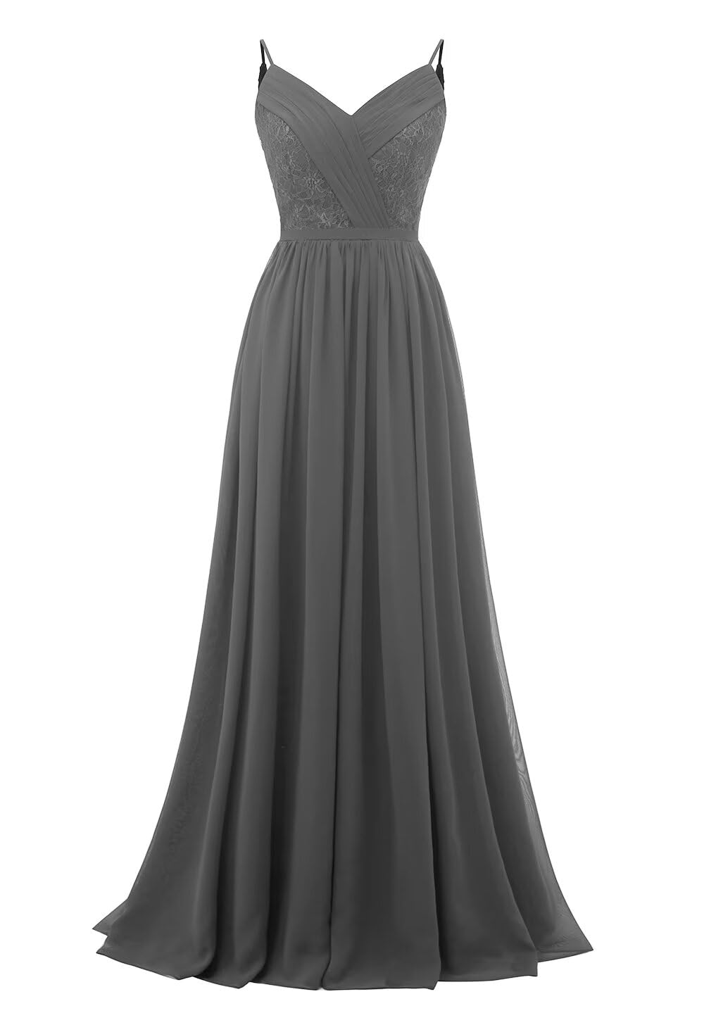Women's Lace Chiffon Bridesmaid Dresses for Wedding Long Spaghetti Straps Bodice Formal Party Gown with Pockets