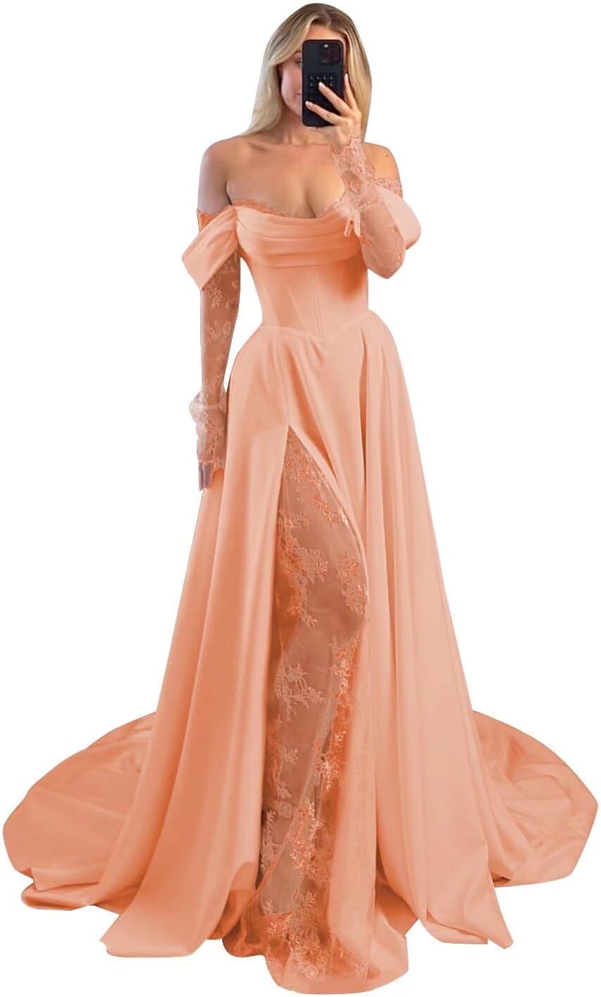Off Shoulder Satin Wedding Dresses Lace Long Sleeve Prom Dresses Corset A-Line Ball Gowns with Slit