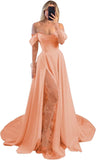 Off Shoulder Satin Wedding Dresses Lace Long Sleeve Prom Dresses Corset A-Line Ball Gowns with Slit