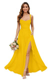 Chiffon Bridesmaid Dresses for Women Long Spaghetti Straps A-line Pleated Formal Evening Party Gowns with Pockets