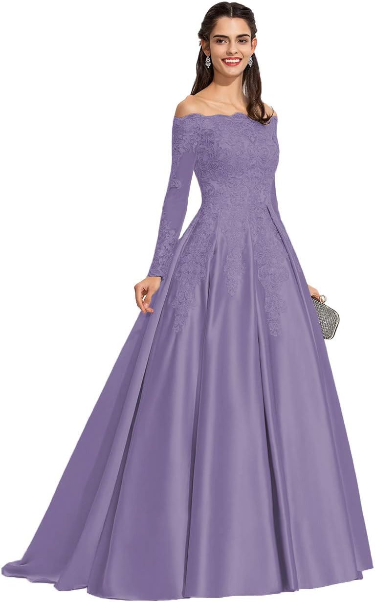 Vestidos de fiesta formales de satén con apliques de encaje y hombros descubiertos para mujer, con mangas largas
