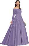 Vestidos de fiesta formales de satén con apliques de encaje y hombros descubiertos para mujer, con mangas largas