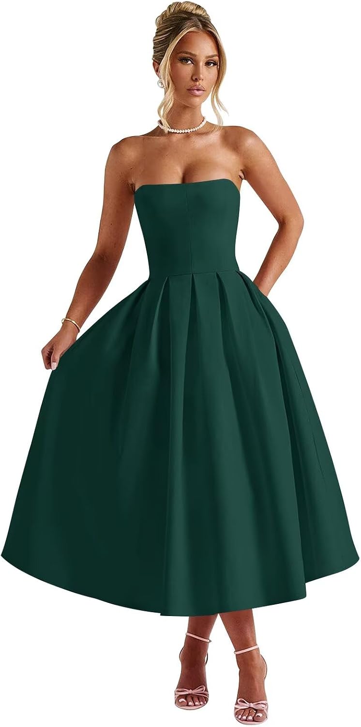 Strapless Satin Tea Length Prom Dresses for Women 2027 A-Line Corset Backless Cocktail Bridesmaid Dress with Pocket