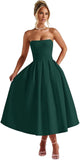 Strapless Satin Tea Length Prom Dresses for Women 2027 A-Line Corset Backless Cocktail Bridesmaid Dress with Pocket
