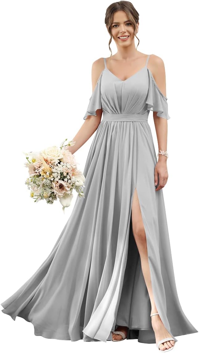 Women's Cold Shoulder Ruffle Sleeves Bridesmaid Dresses for Women 2025 Pleated Chiffon Formal Dresses with Slit