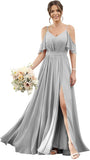 Women's Cold Shoulder Ruffle Sleeves Bridesmaid Dresses for Women 2025 Pleated Chiffon Formal Dresses with Slit