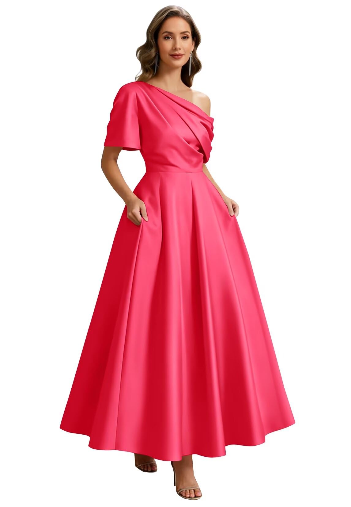 Kingbridal Satin Mother of The Bride Dresses for Women Tea Length Formal Dress One Shoulder Evening Party Gowns with Pockets