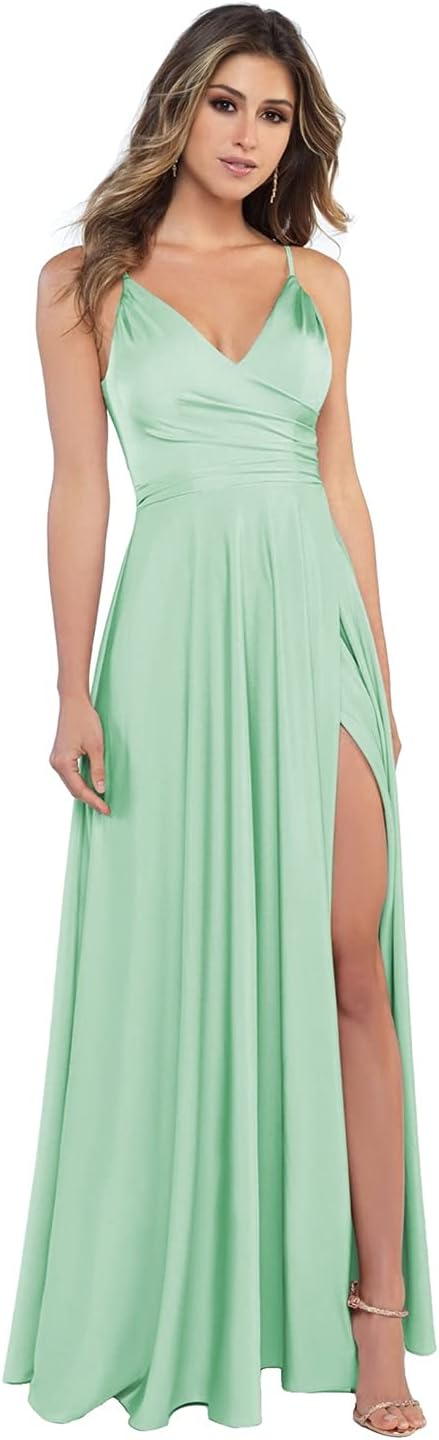 Damen-Brautjungfernkleider aus Satin mit V-Ausschnitt und Schlitz, Spaghettiträgern, formelle Ballkleider mit Taschen 