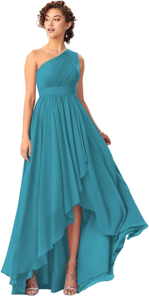 Women's One Shoulder Bridesmaid Dresses High Low Chiffon Formal Party Gowns with Pockets