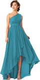 Women's One Shoulder Bridesmaid Dresses High Low Chiffon Formal Party Gowns with Pockets